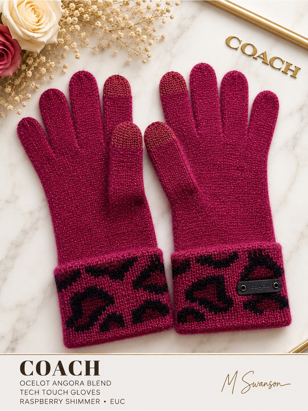 COACH Ocelot Angora Blend Tech Touch Gloves Raspberry Shimmer EUC